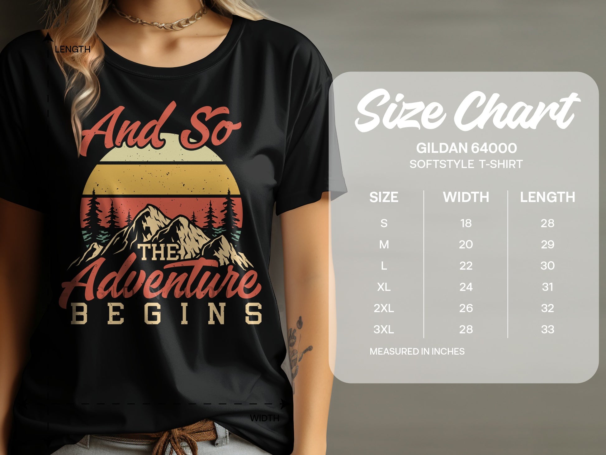 Black t-shirt with "And So The Adventure Begins" graphic and a size chart.