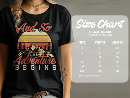 Black t-shirt with "And So The Adventure Begins" graphic and a size chart.