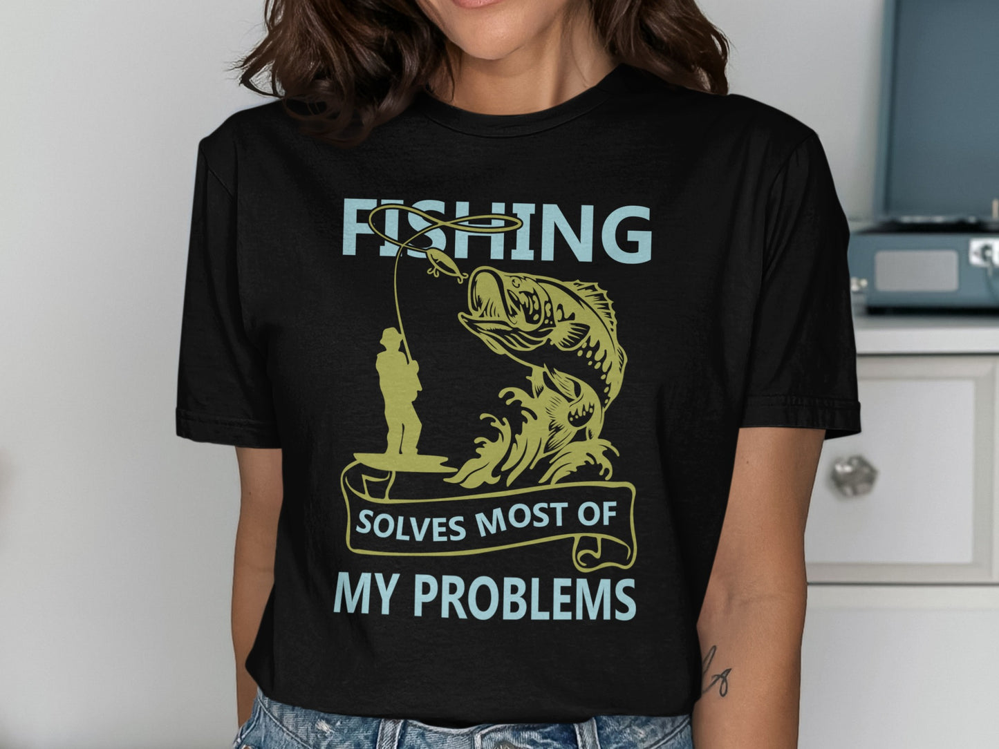 Fishing t-shirt with a bass jumping from water, "Fishing Solves Most of My Problems" text.