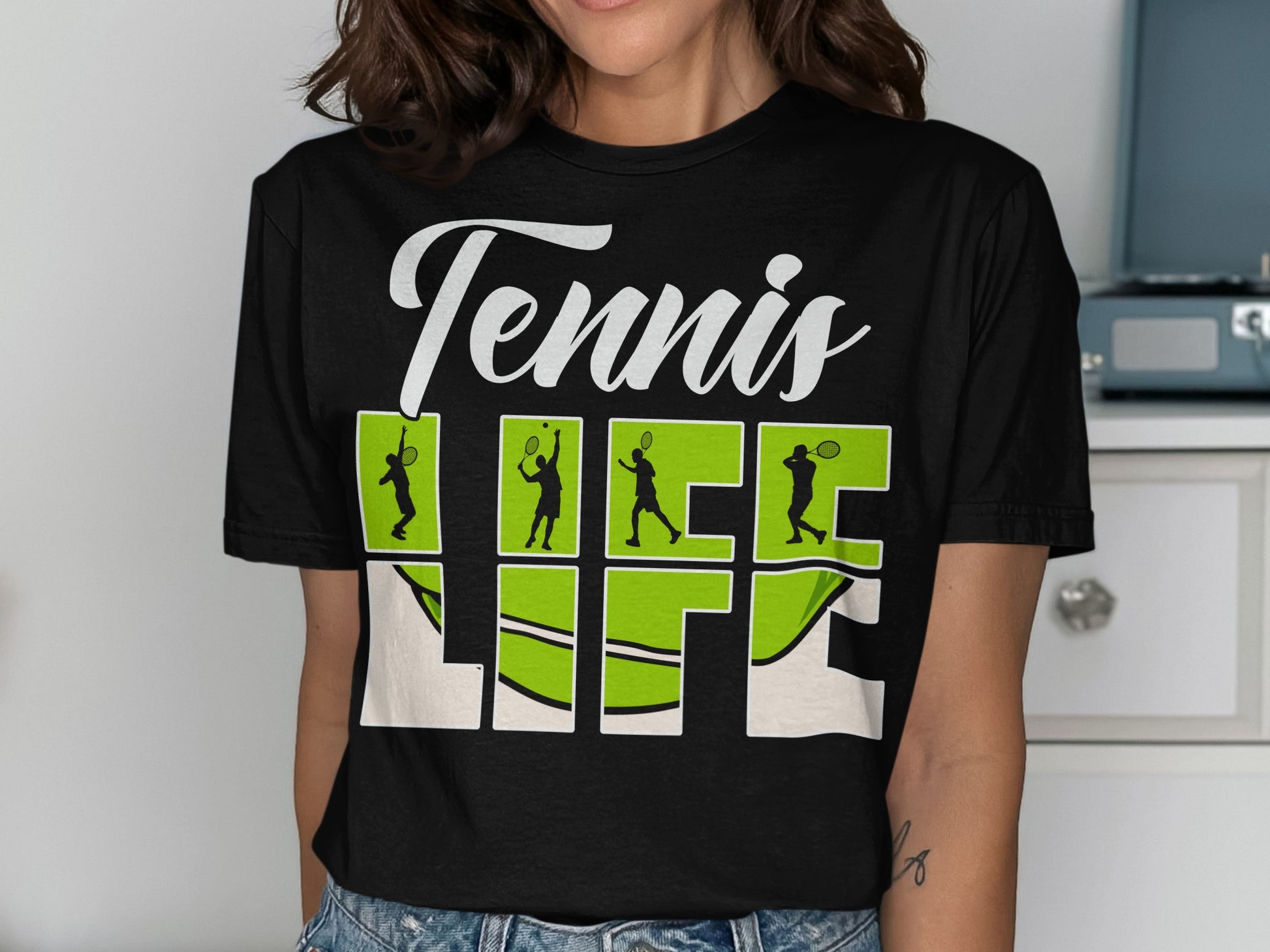 Black t-shirt with "Tennis Life" text and tennis player graphics.