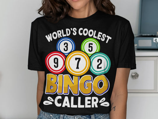 T-shirt with "World's Coolest Bingo Caller" and bingo balls.