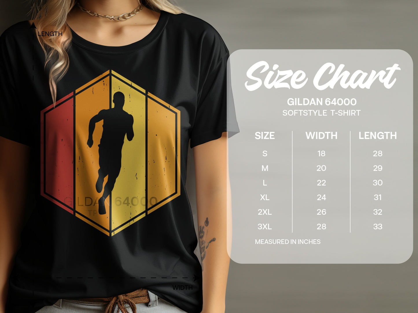 T-shirt size chart with measurements for Gildan 64000 Softstyle T-shirt.