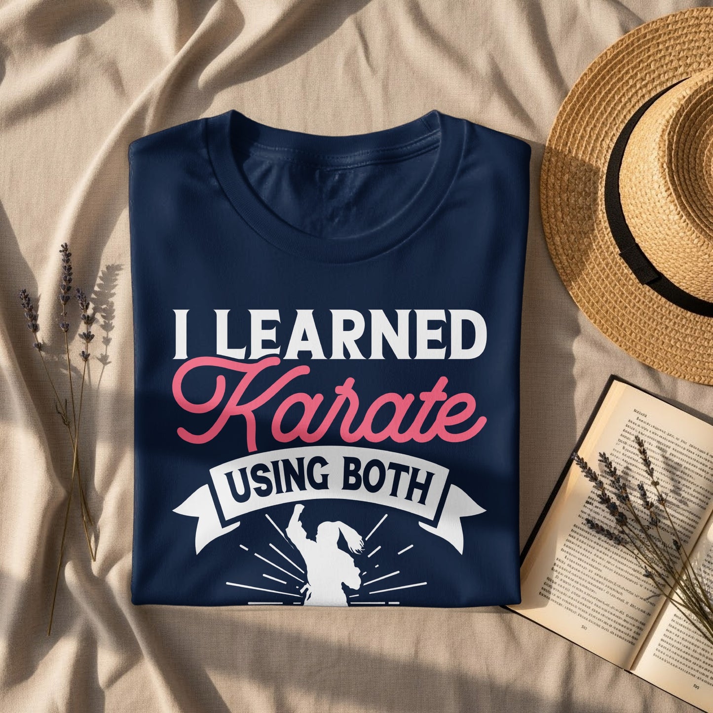 Navy t-shirt with "I learned Karate using both" and a karate silhouette.