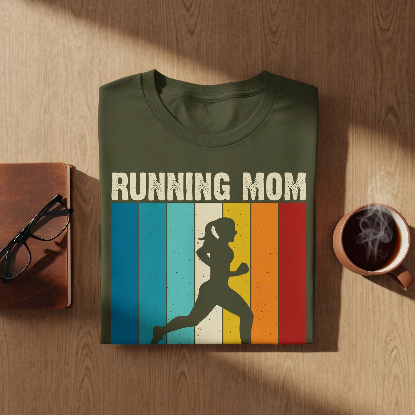 Olive green t-shirt with "RUNNING MOM" text and runner graphic.