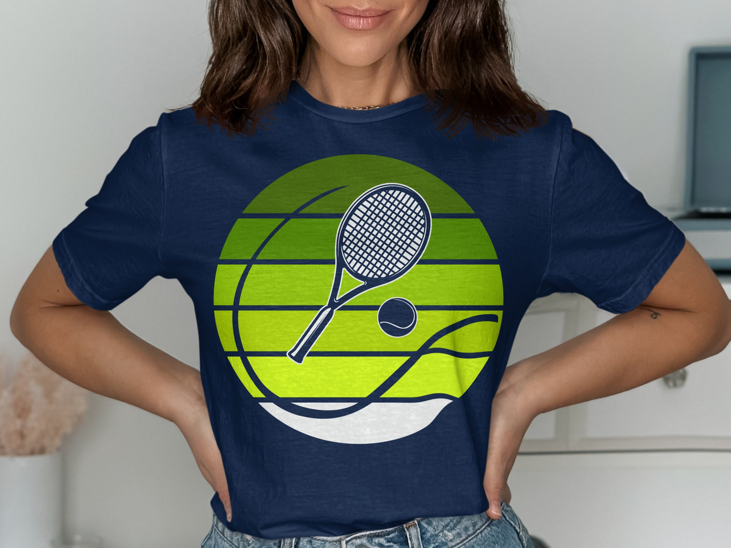 Navy t-shirt with a green and white circular tennis graphic.