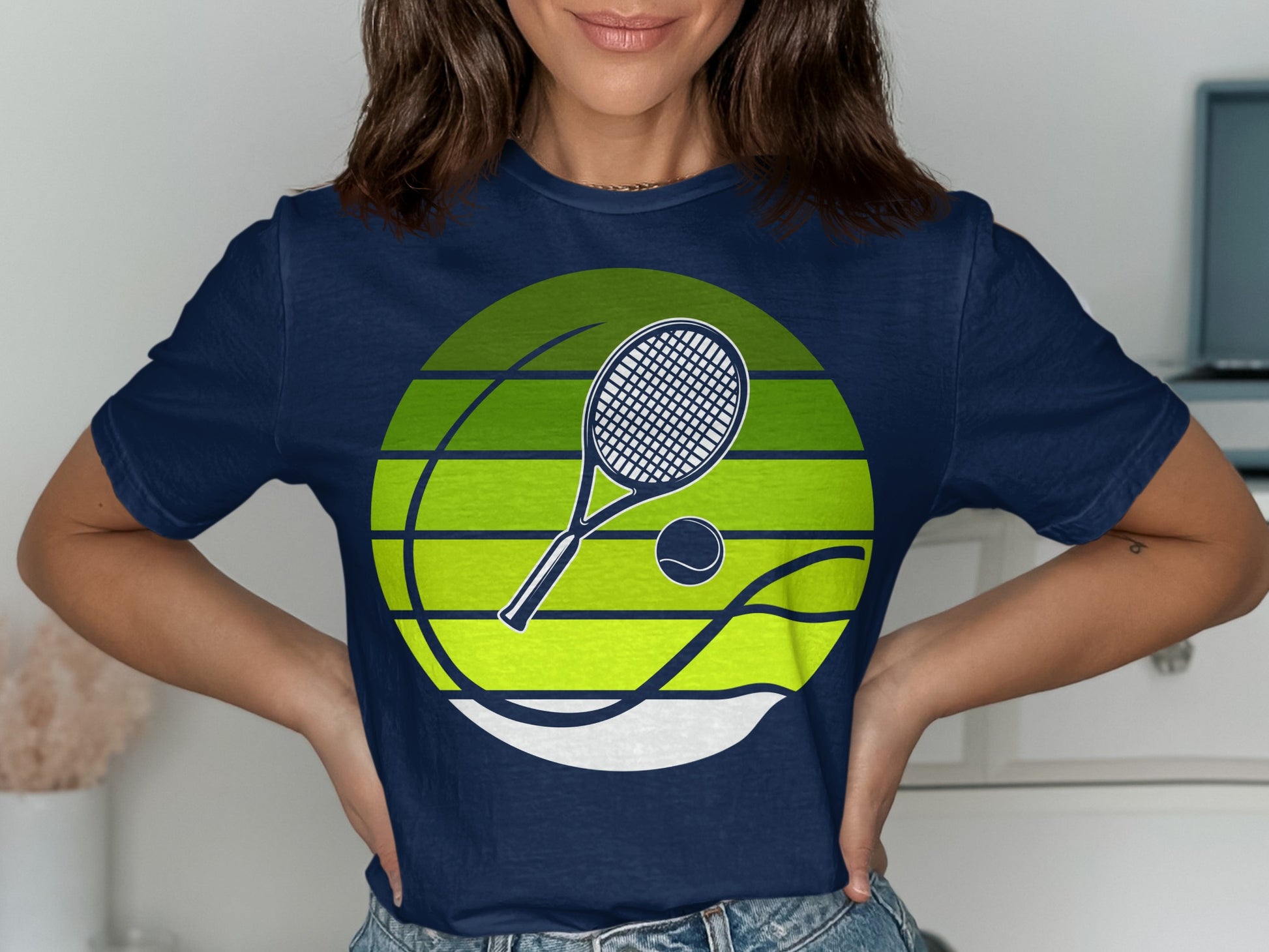 Navy t-shirt with a green and white circular tennis graphic.