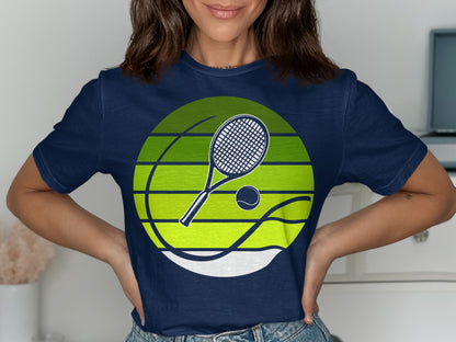 Navy t-shirt with a green and white circular tennis graphic.