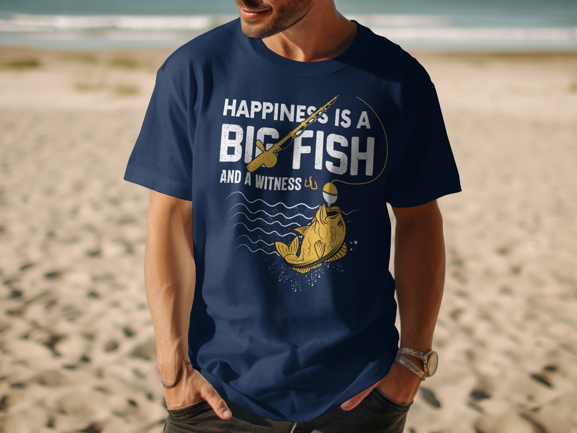 Navy t-shirt with "Happiness is a Big Fish and a Witness" text and graphic.