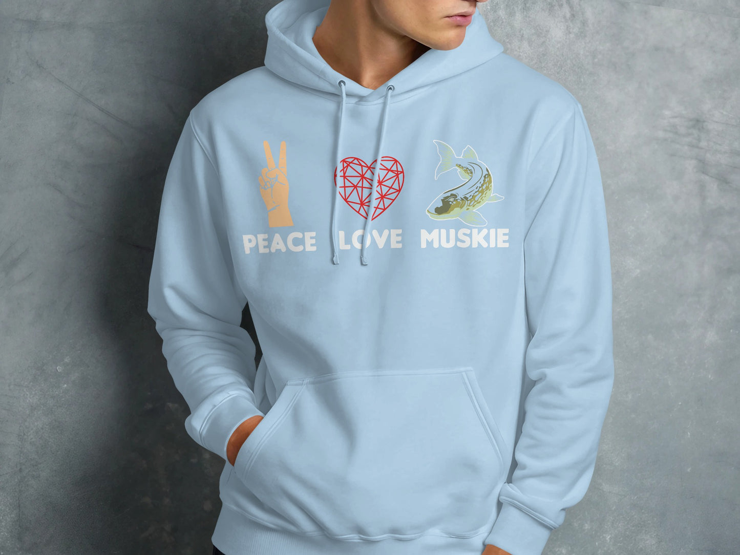 Light blue hoodie with peace sign, heart, and muskie fish graphics.