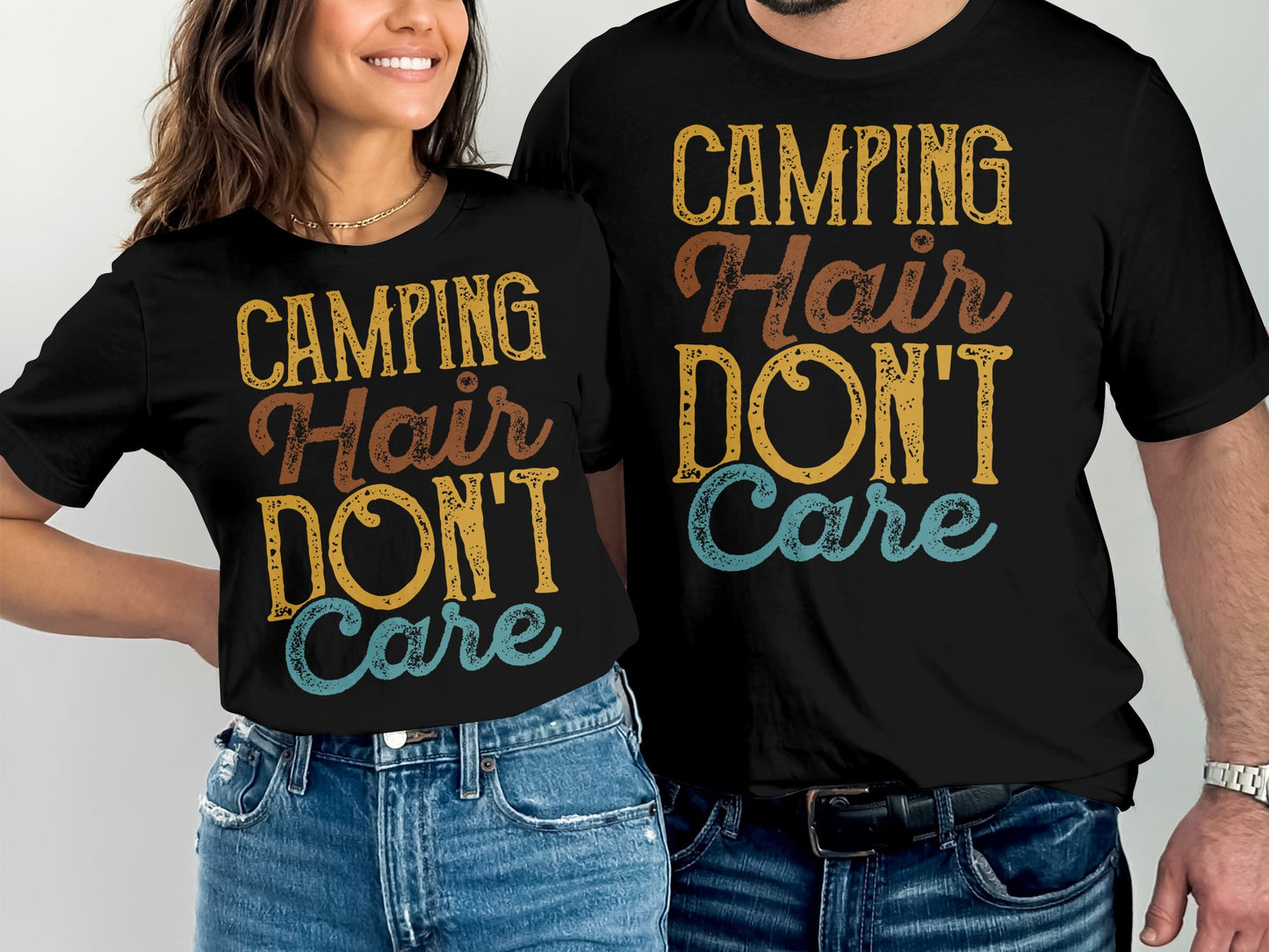 Black t-shirts with "Camping Hair Don't Care" text in yellow, orange, and blue.