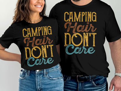 Black t-shirts with "Camping Hair Don't Care" text in yellow, orange, and blue.