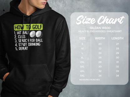 Hoodie with "How to Golf" steps and Gildan 18500 size chart.
