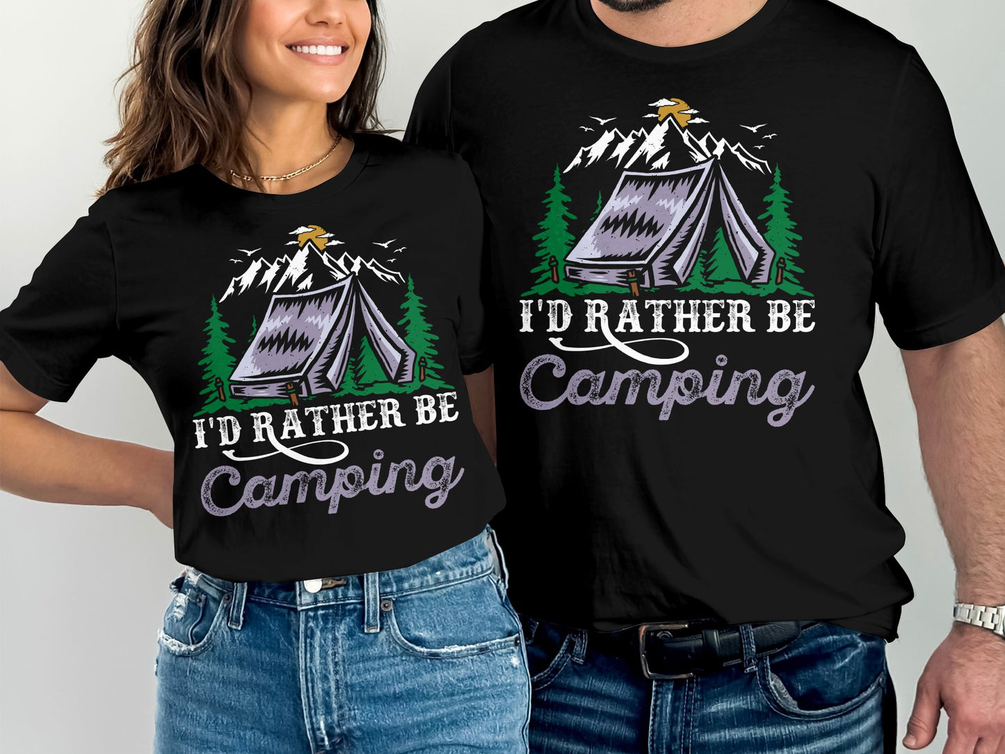 Couple wearing matching black t-shirts with "I'd Rather Be Camping" text.