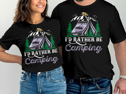 Couple wearing matching black t-shirts with "I'd Rather Be Camping" text.