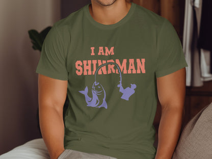 Olive t-shirt with "I AM SHINJIRUMAN" and fishing graphics.