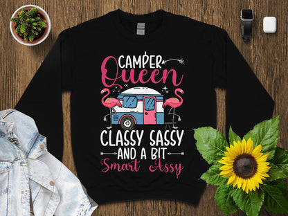 Black sweatshirt with "Camper Queen Classy Sassy and a Bit Smart Assy" and a camper graphic.
