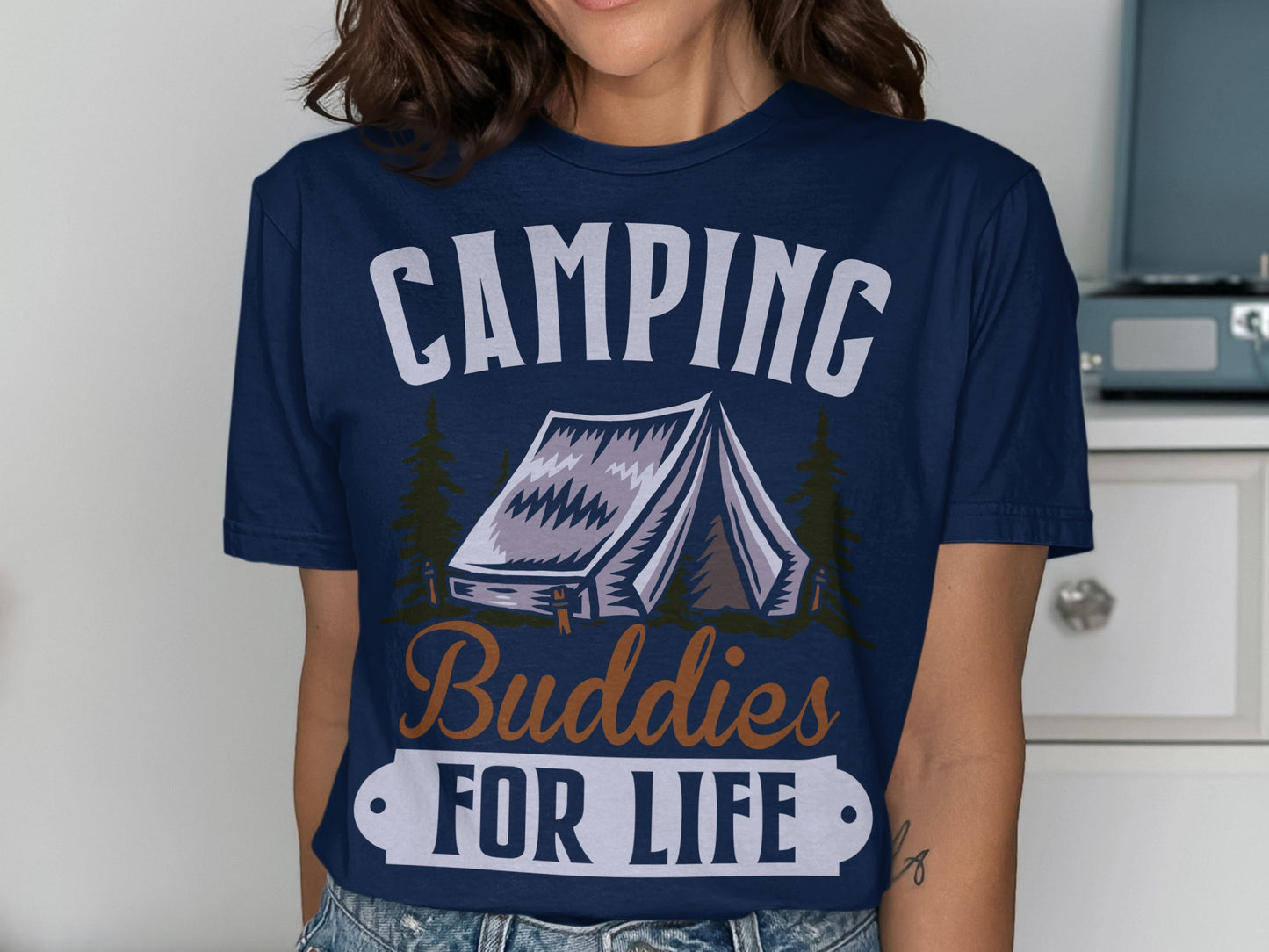 Navy t-shirt with "Camping Buddies For Life" text and tent graphic.