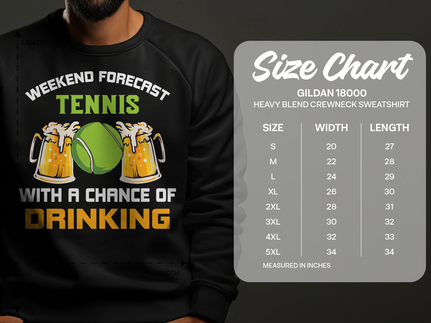 Crewneck sweatshirt size chart with tennis and beer graphic.
