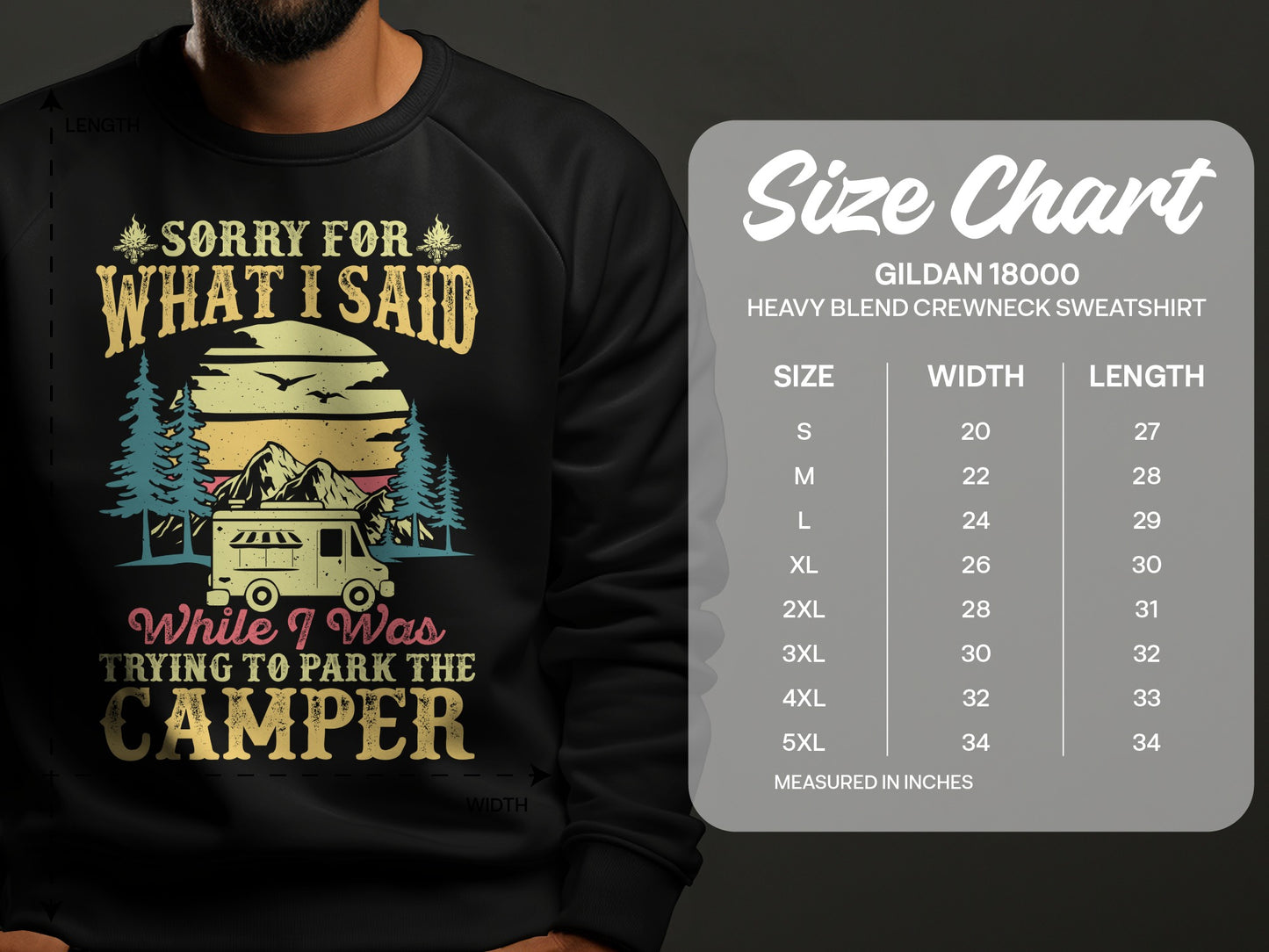 Black sweatshirt with camper graphic and "Sorry For What I Said While I Was Trying To Park The Camper" text.