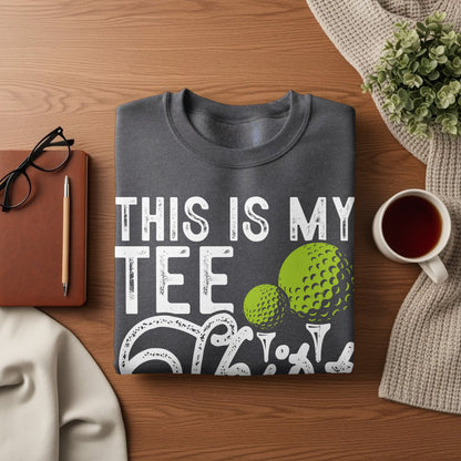 Dark gray sweatshirt with "This is My Tee Golf" and golf ball graphics.