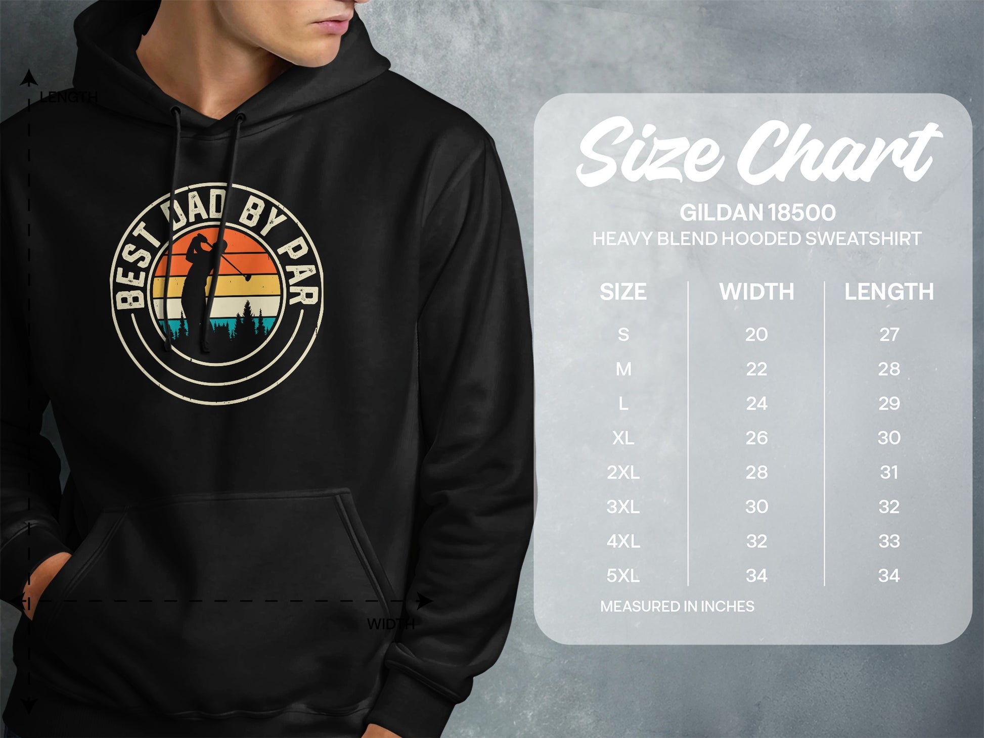 Gildan 18500 hooded sweatshirt size chart with measurements in inches.