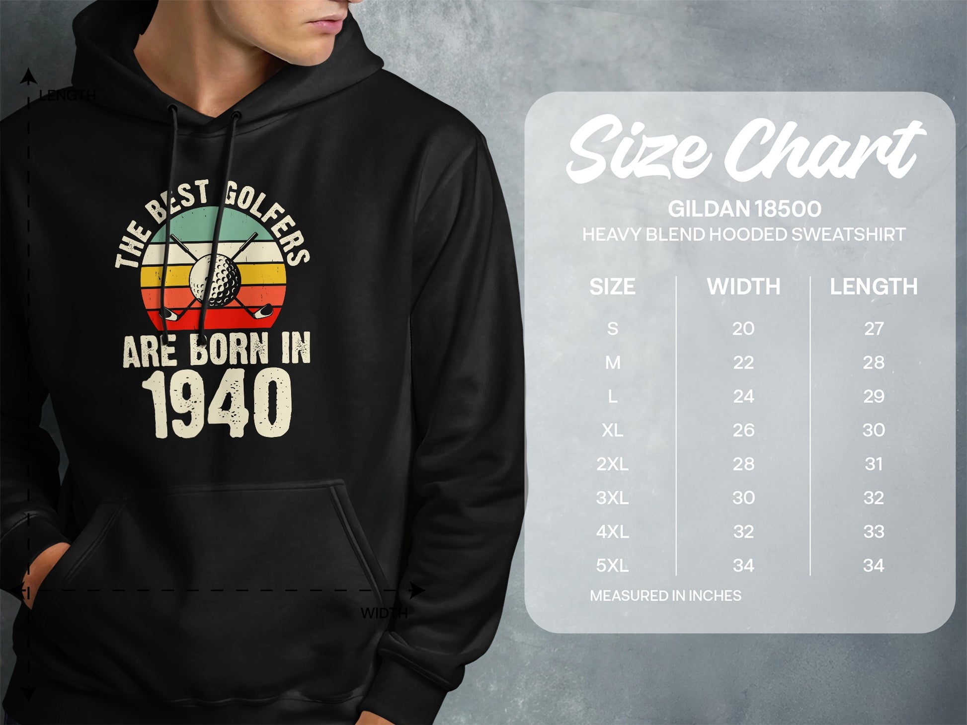 Hooded sweatshirt with "The best golfers are born in 1940" text and size chart.