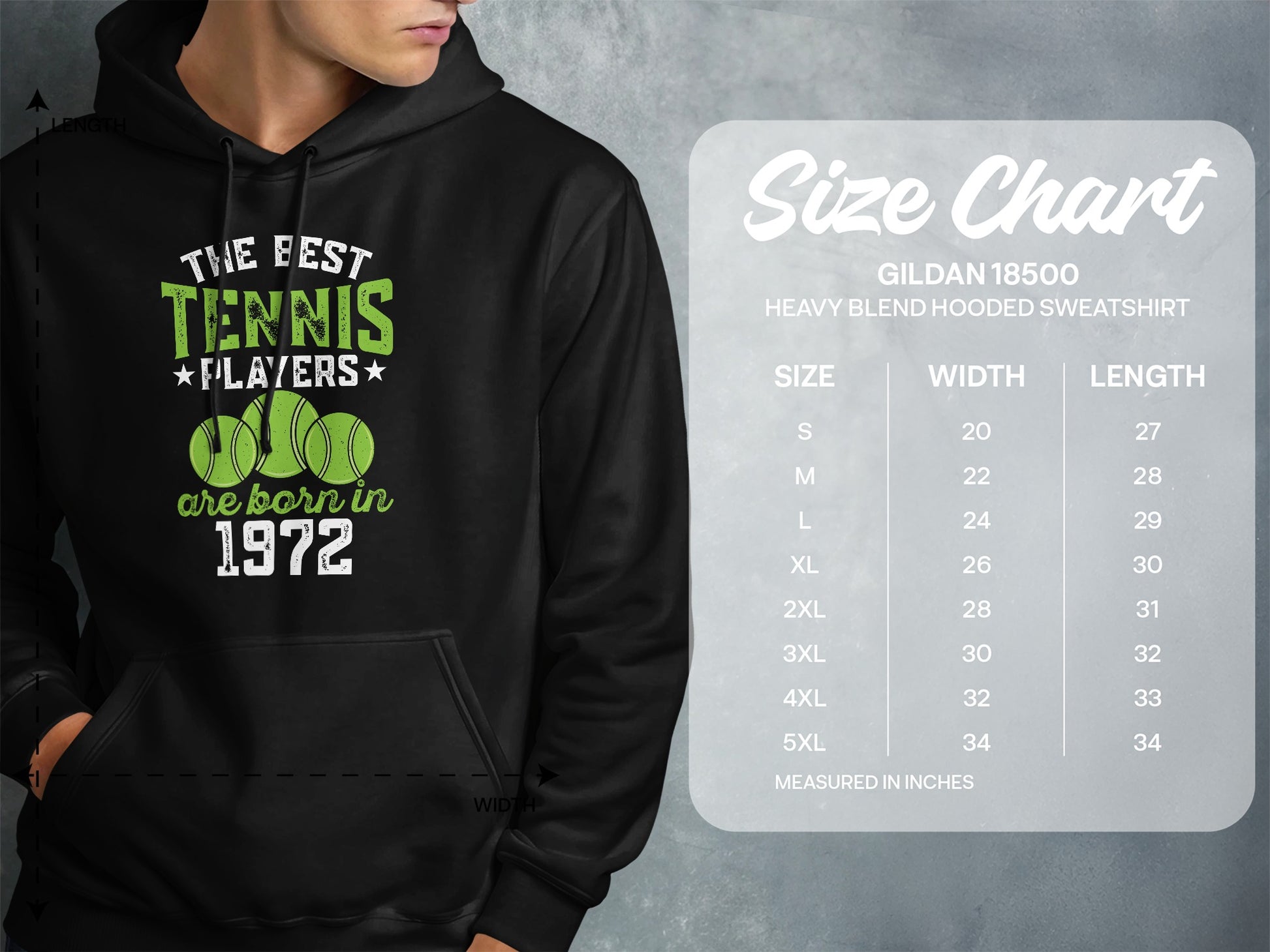 Hooded sweatshirt with "The best tennis players are born in 1972" text and size chart.