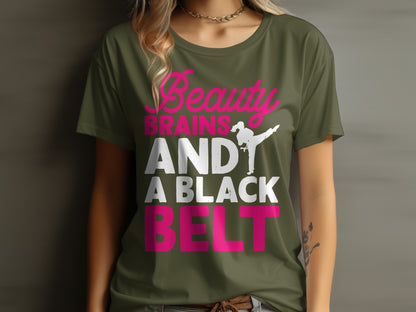 Green t-shirt with "Beauty Brains And A Black Belt" text and martial artist graphic.
