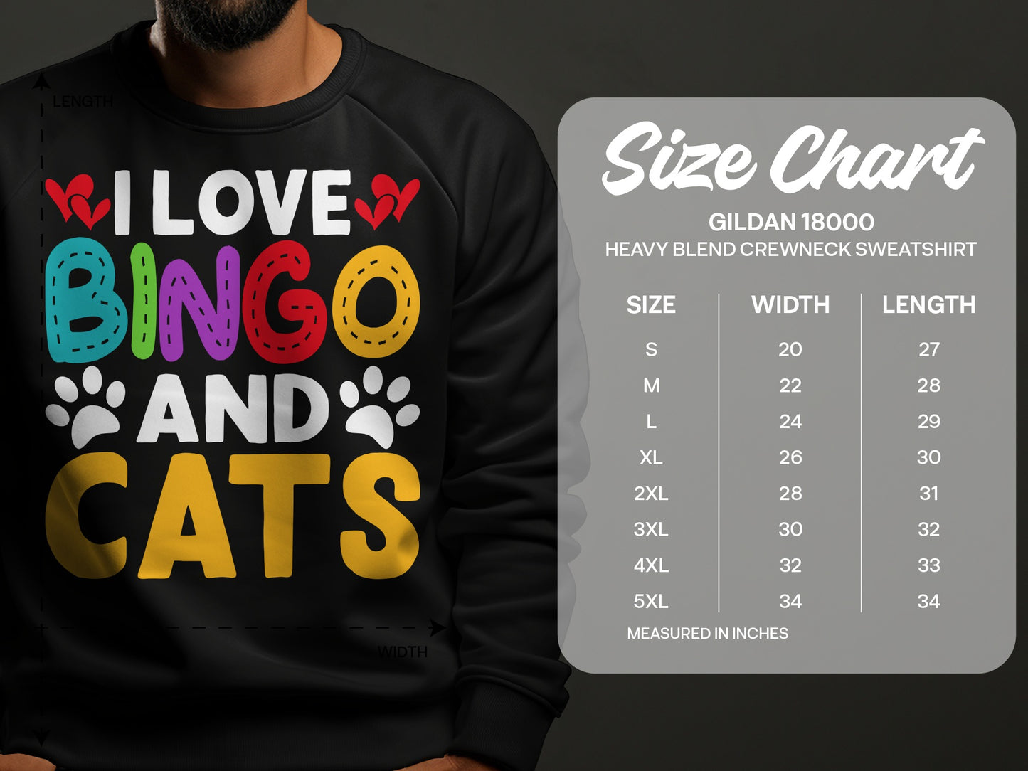 Sweatshirt size chart for Gildan 18000 with "I Love Bingo And Cats" graphic.