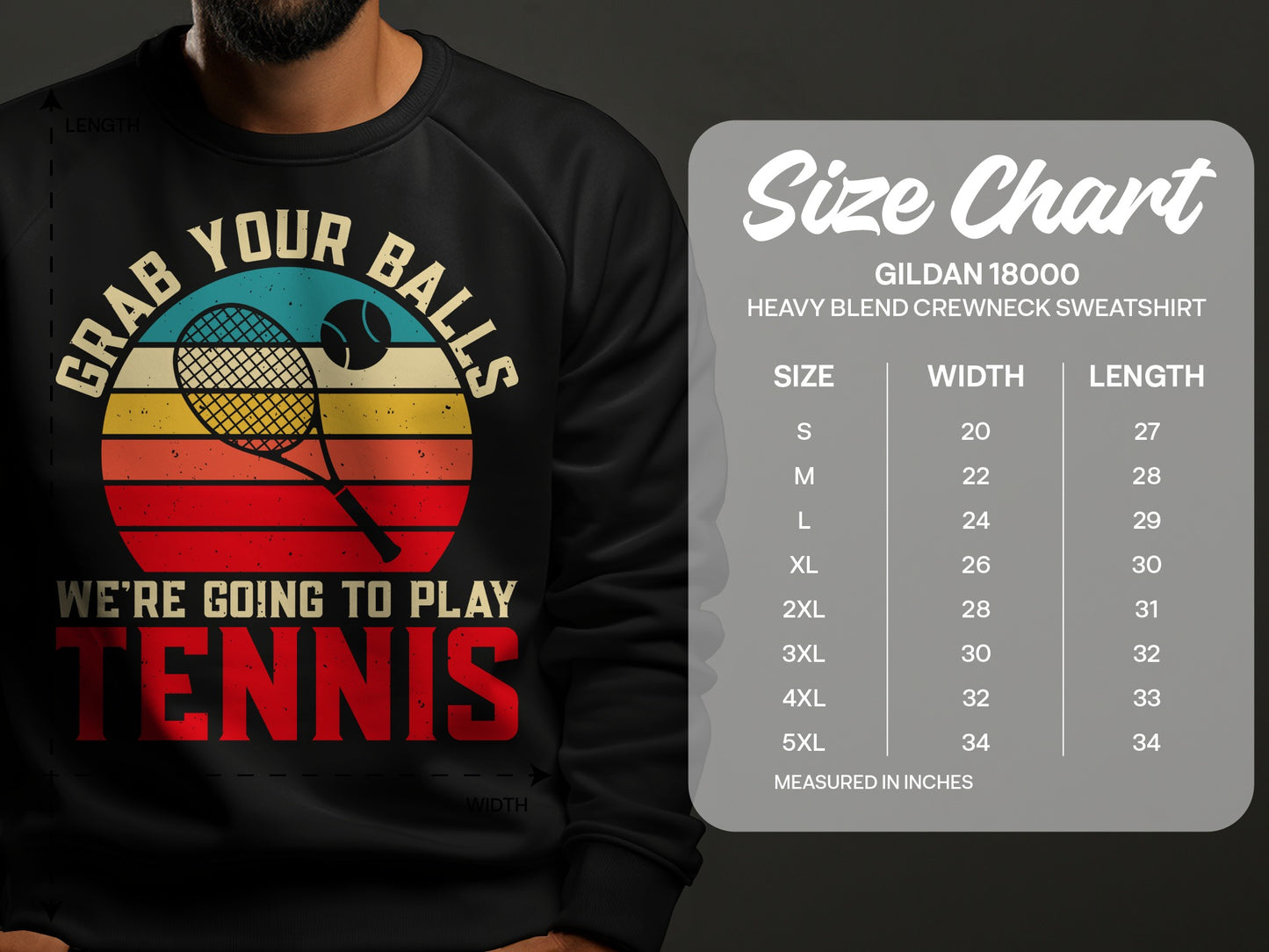 Sweatshirt with vintage tennis graphic and size chart.