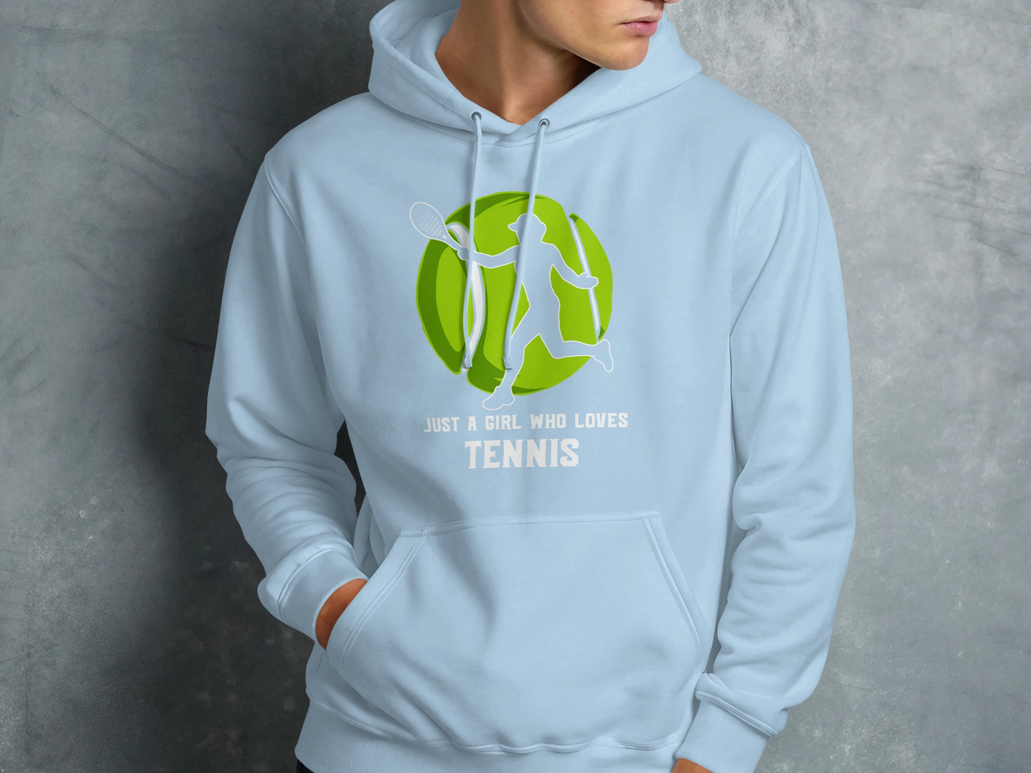 Light blue hoodie with graphic of a tennis player and text.