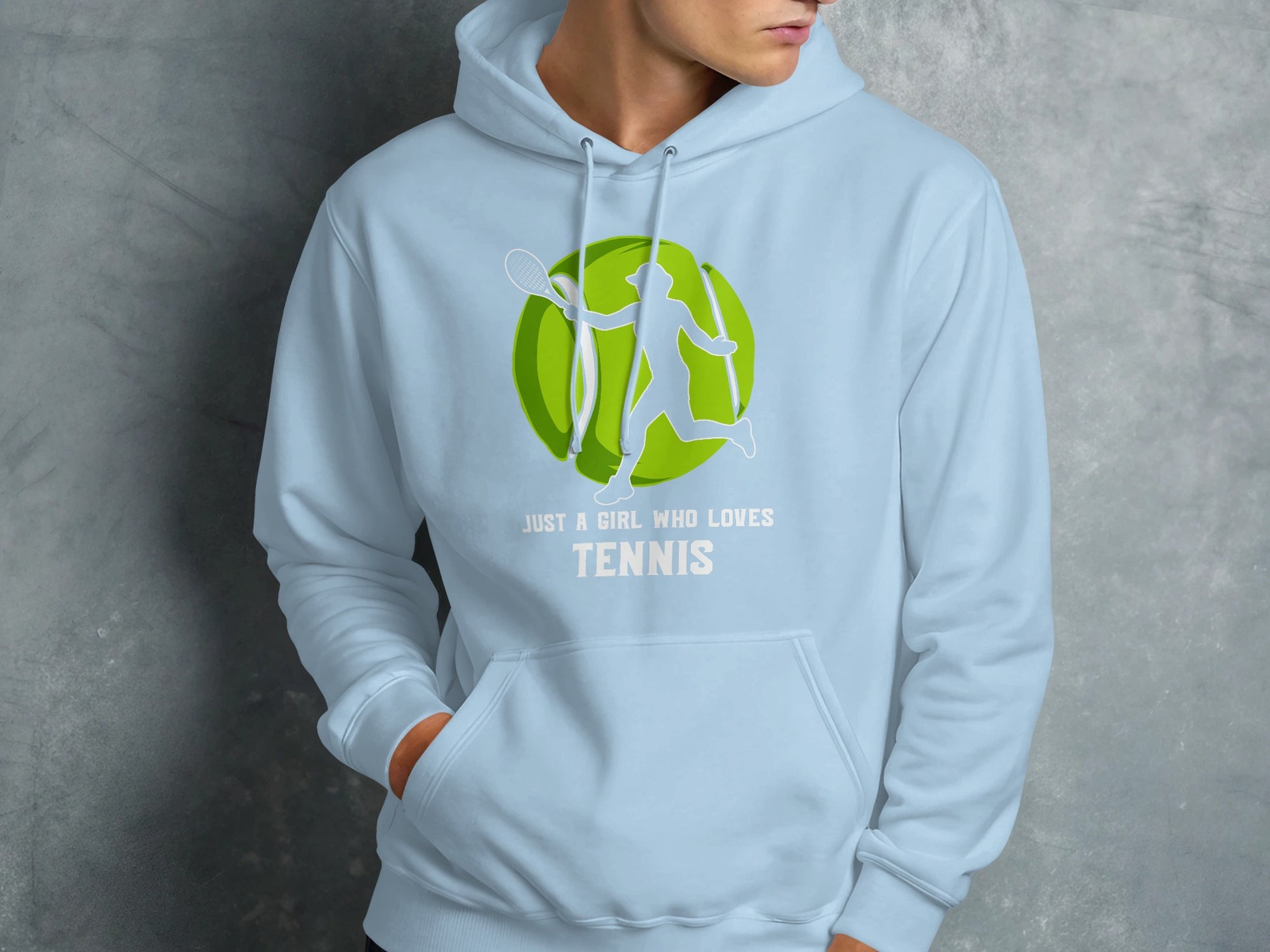 Light blue hoodie with graphic of a tennis player and text.