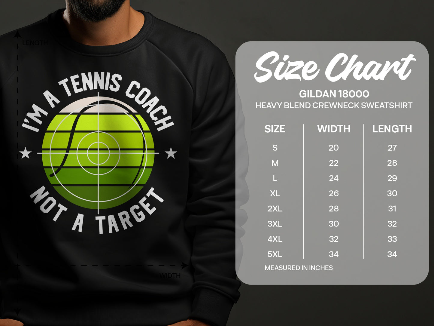 Sweatshirt with "I'm a tennis coach not a target" and size chart.
