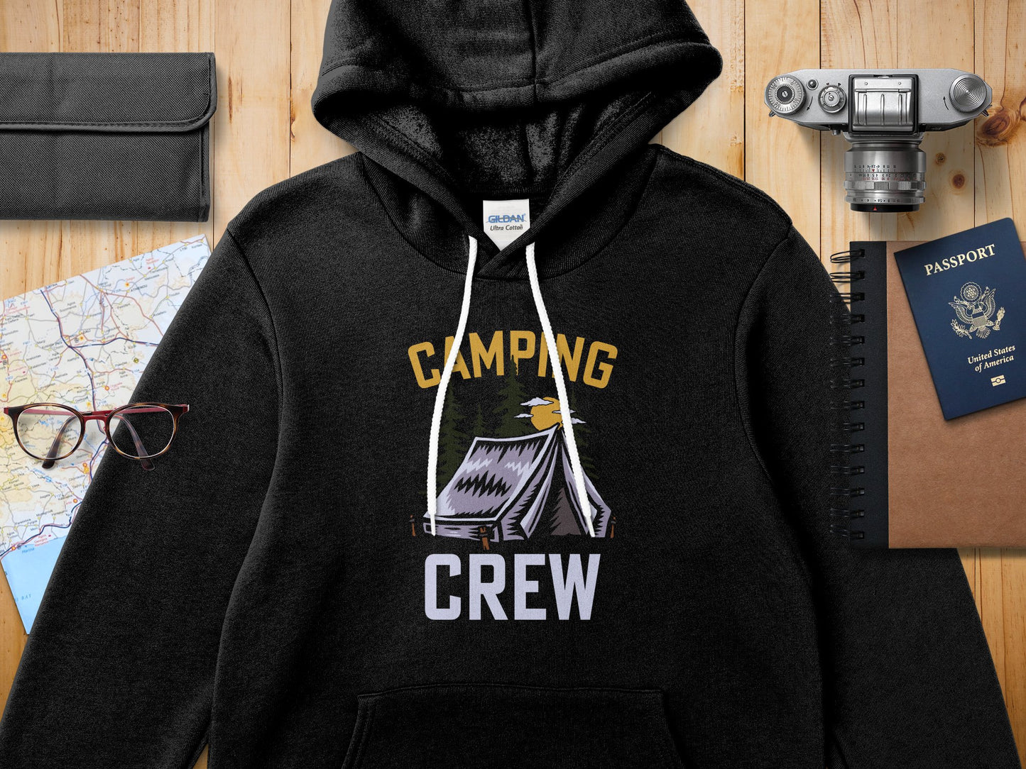 Black Gildan hoodie with "CAMPING CREW" text and tent graphic.