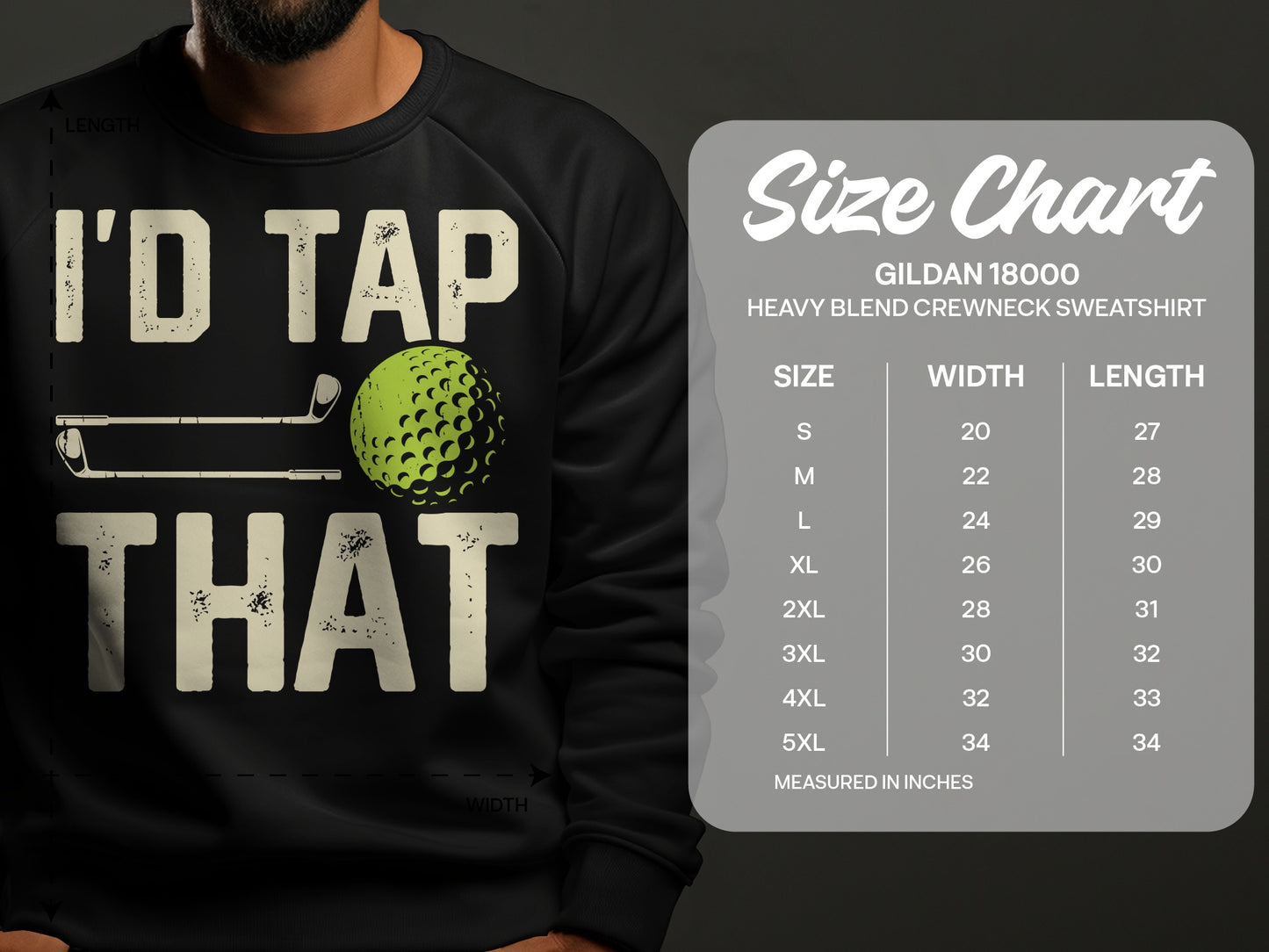 Sweatshirt with "I'D TAP THAT" graphic and size chart.