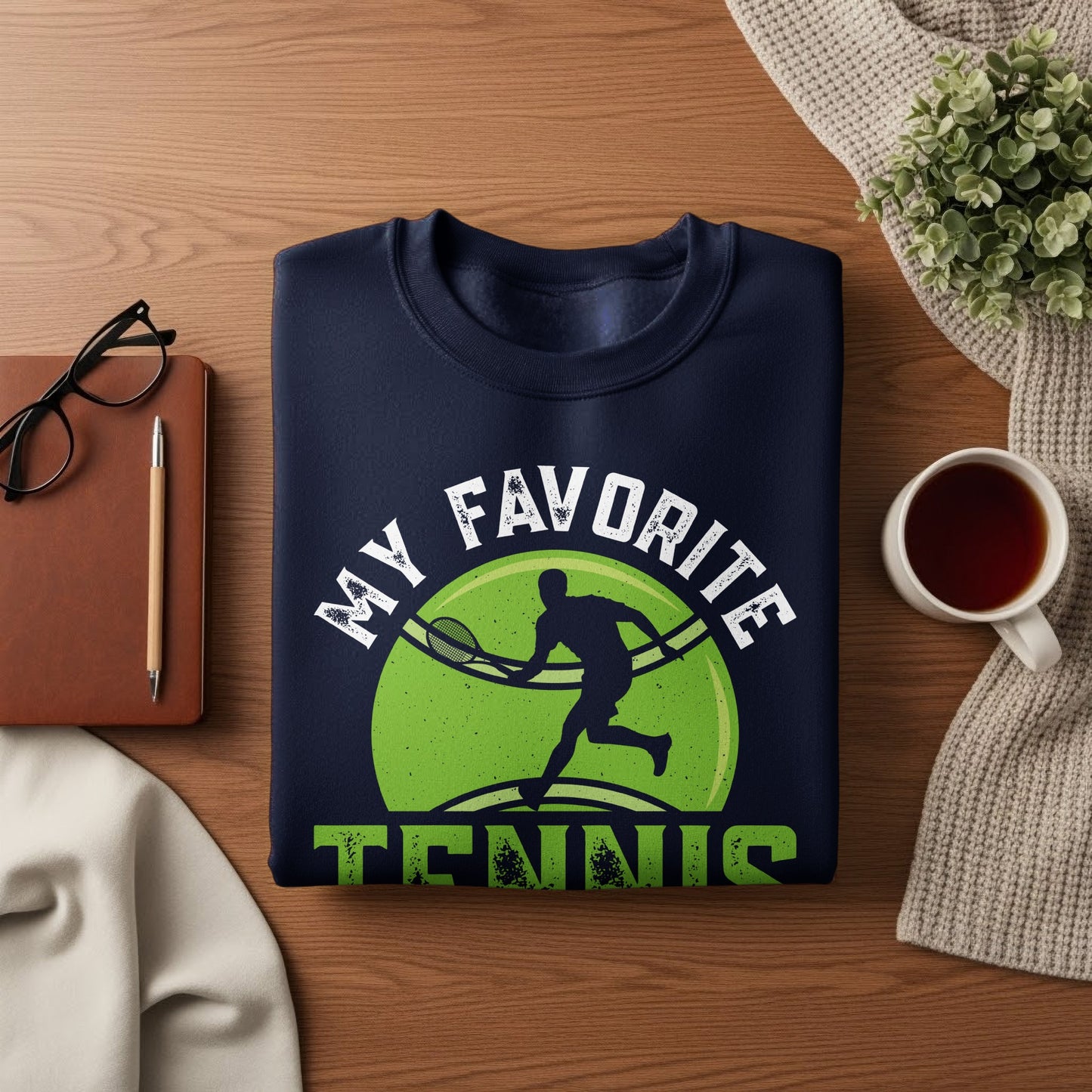 Navy sweatshirt with "My Favorite Tennis" and a silhouette of a tennis player.