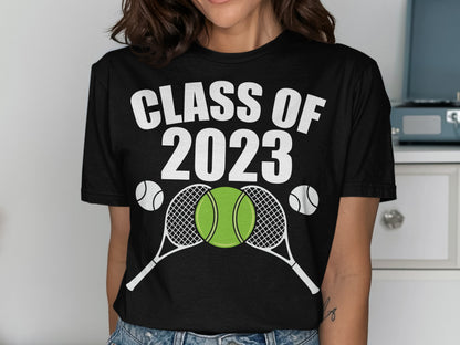 Black t-shirt with "CLASS OF 2023" text and tennis rackets and balls.