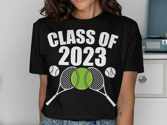 Black t-shirt with "CLASS OF 2023" text and tennis rackets and balls.
