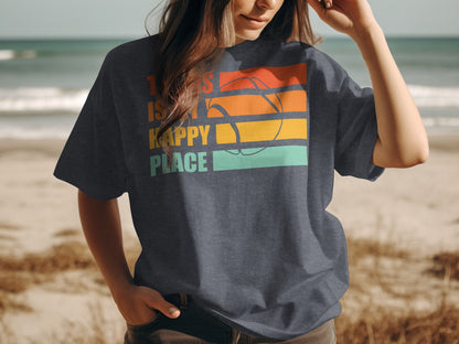 Dark t-shirt with "THIS IS HAPPY PLACE" and beach ball graphic.