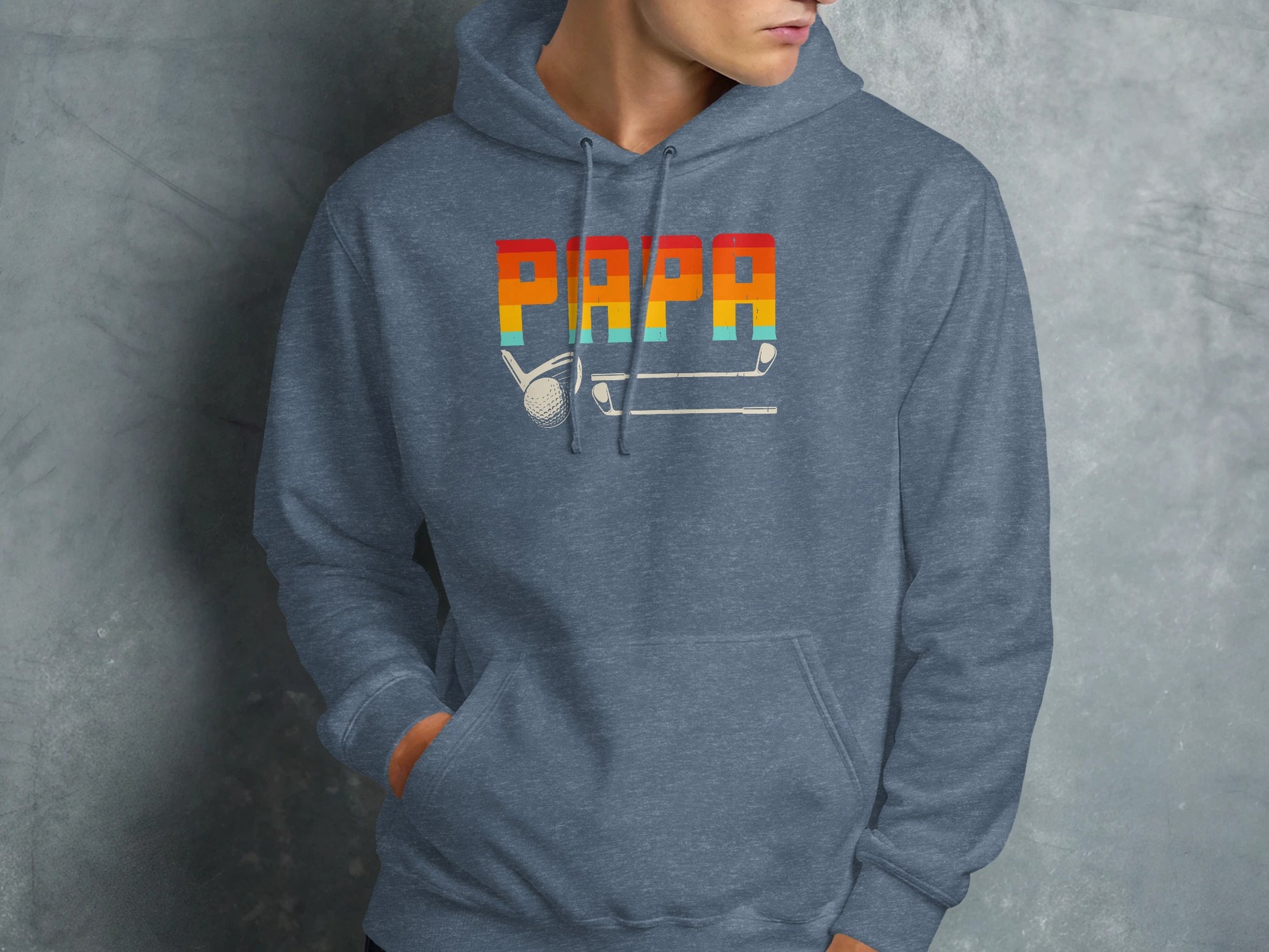 Blue hoodie with "PAPA" text and golf club graphic.