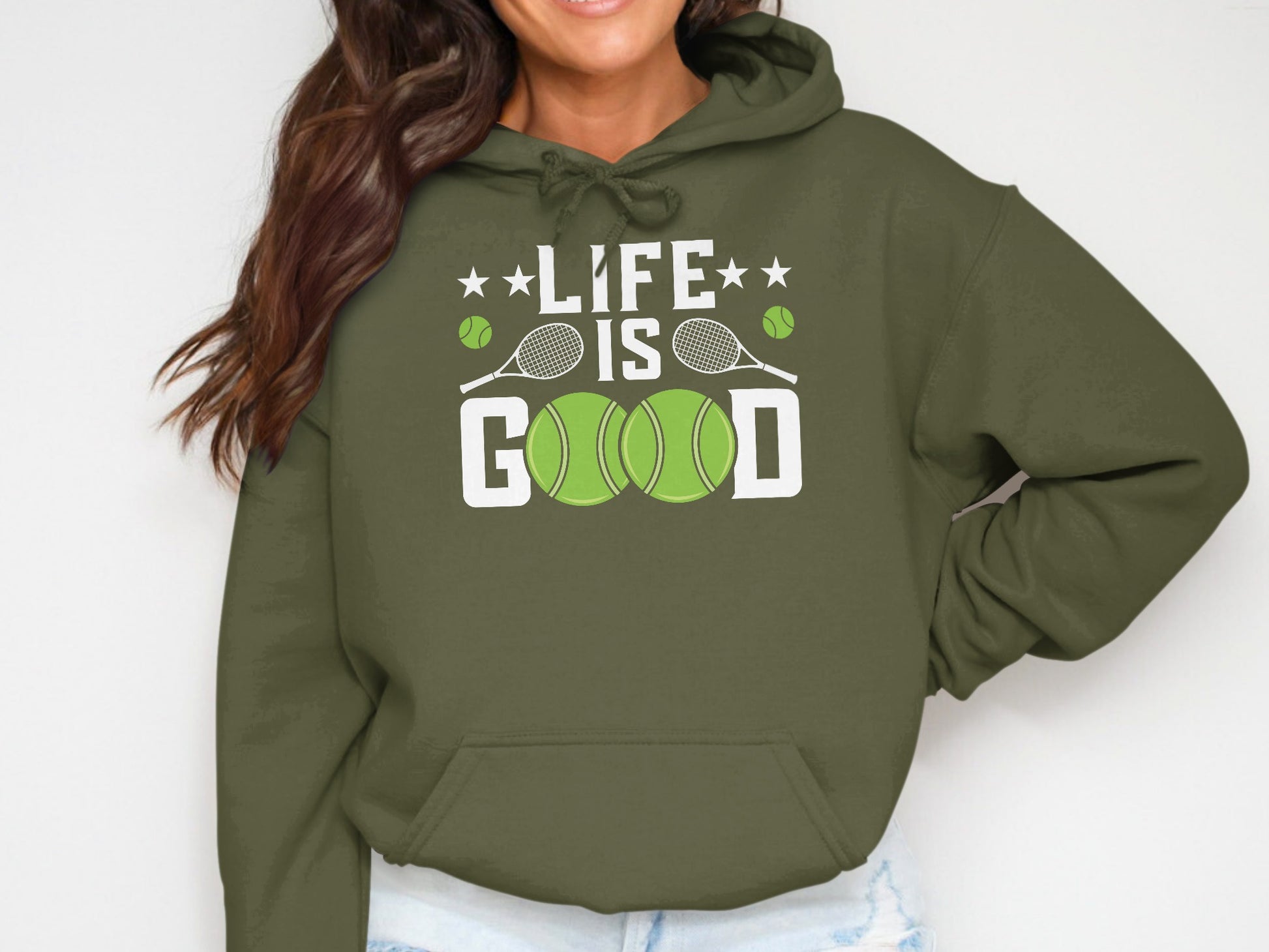 Olive green hoodie with "Life is Good" and tennis balls and rackets graphic.