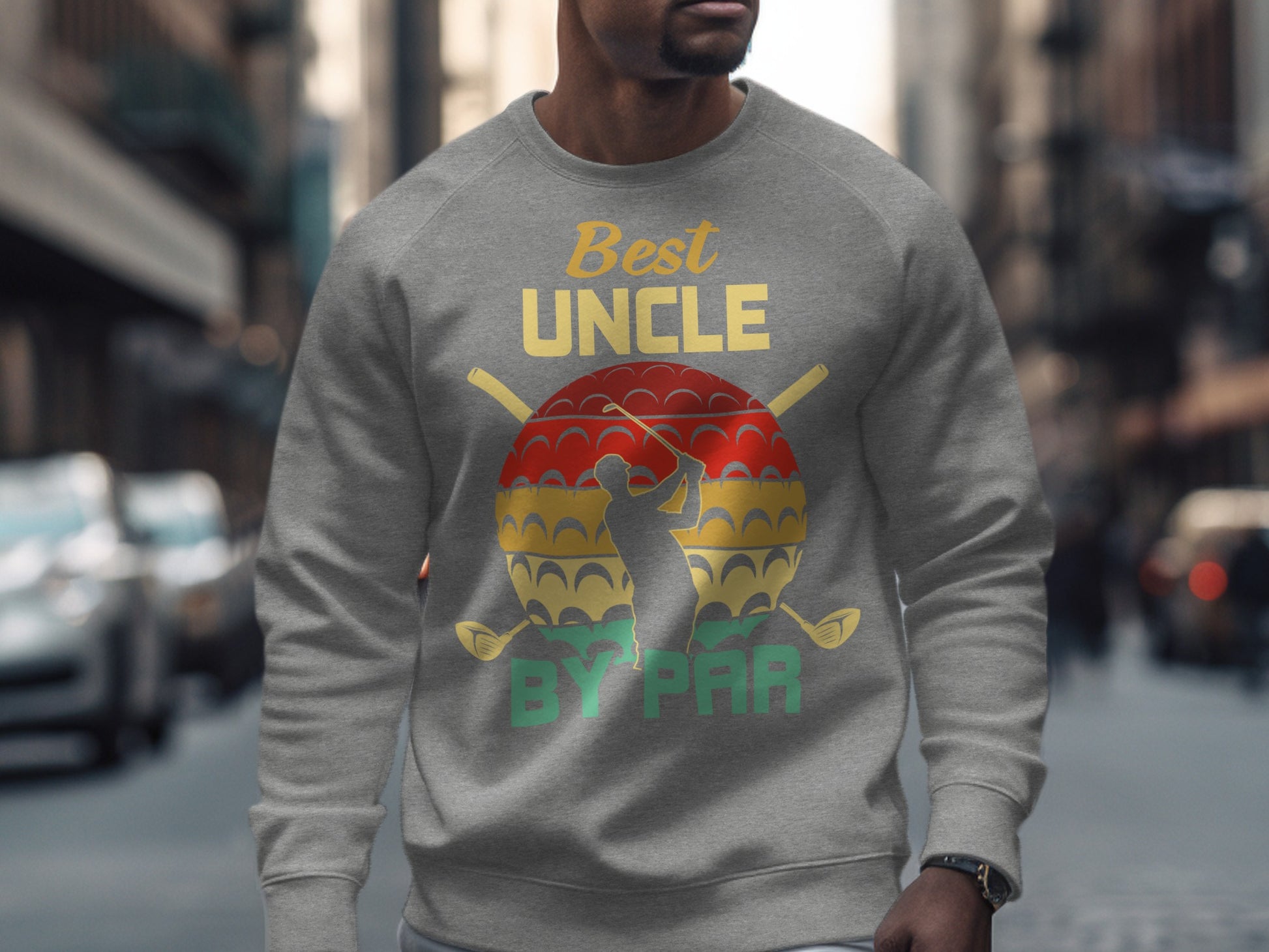 Gray sweatshirt with "Best Uncle by Par" text and golf graphic.
