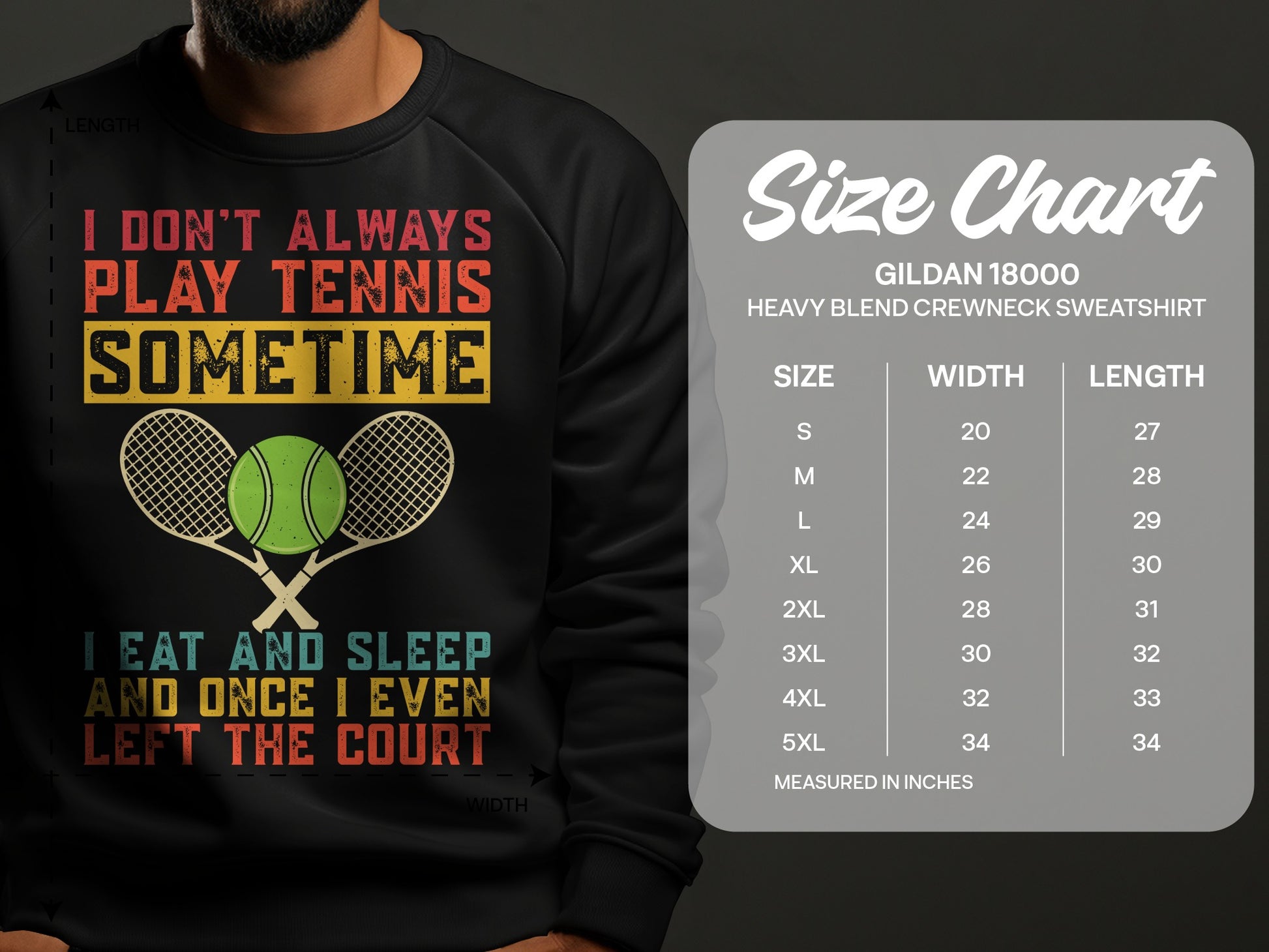 Sweatshirt with tennis graphic and size chart for Gildan 18000 crewneck.