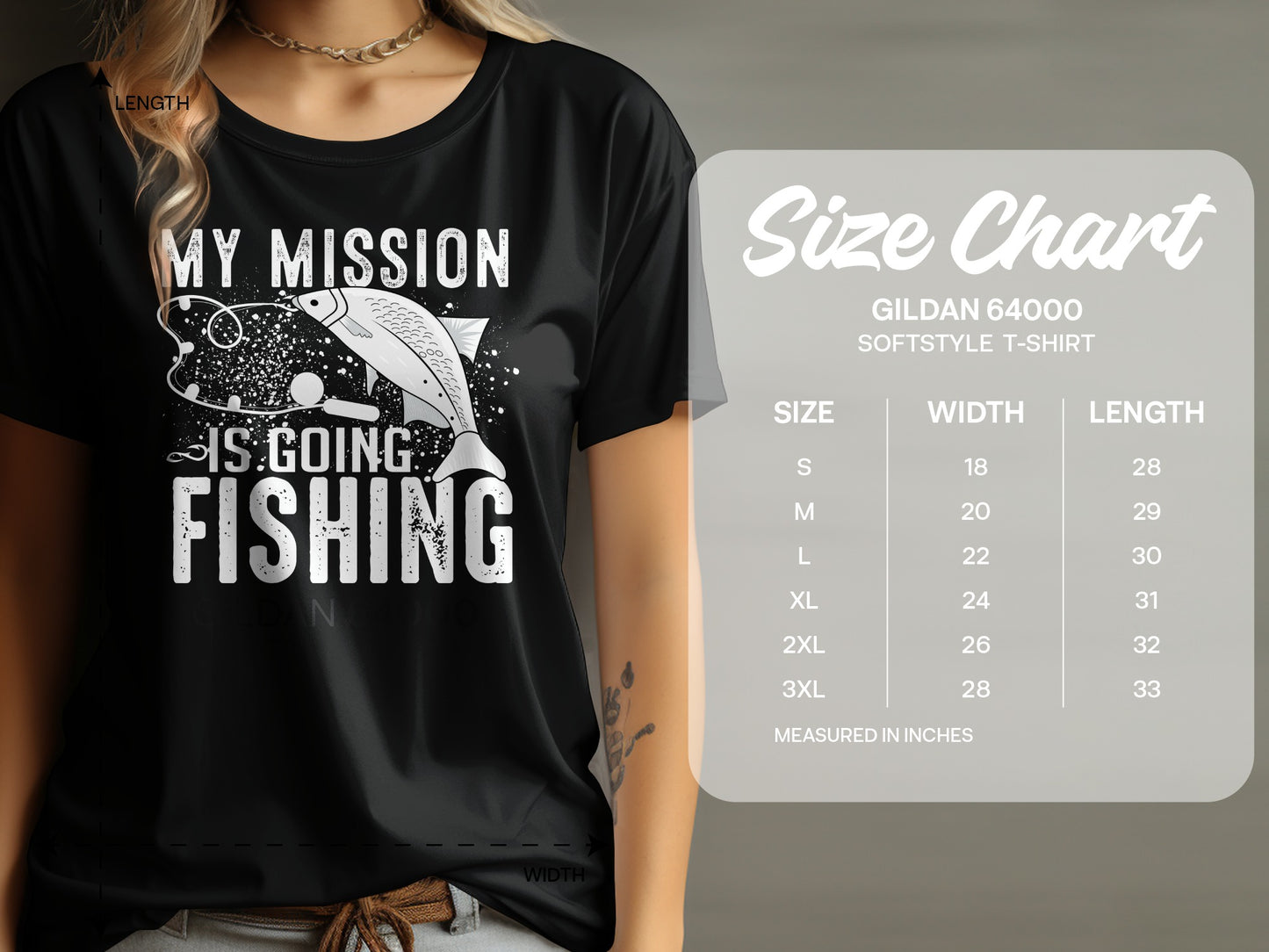 Black t-shirt with "My Mission Is Going Fishing" graphic and size chart.