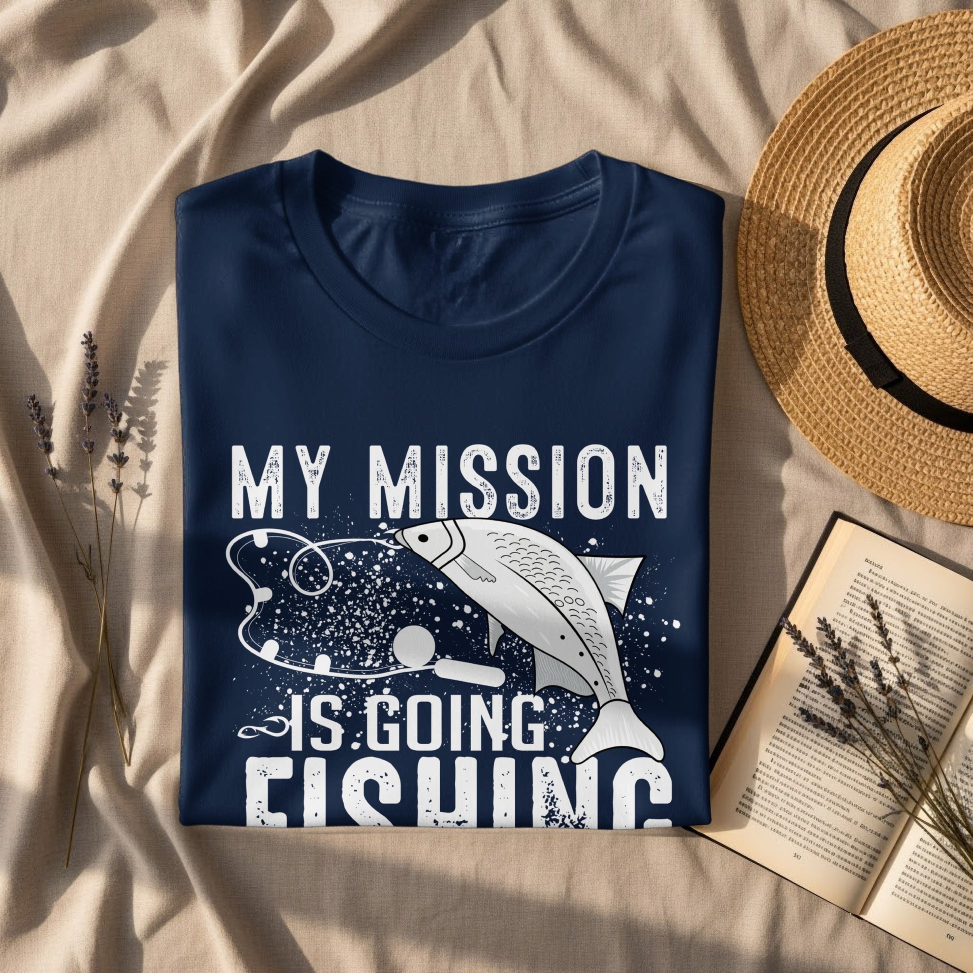 Navy t-shirt with "My Mission Is Going Fishing" and fish graphic.