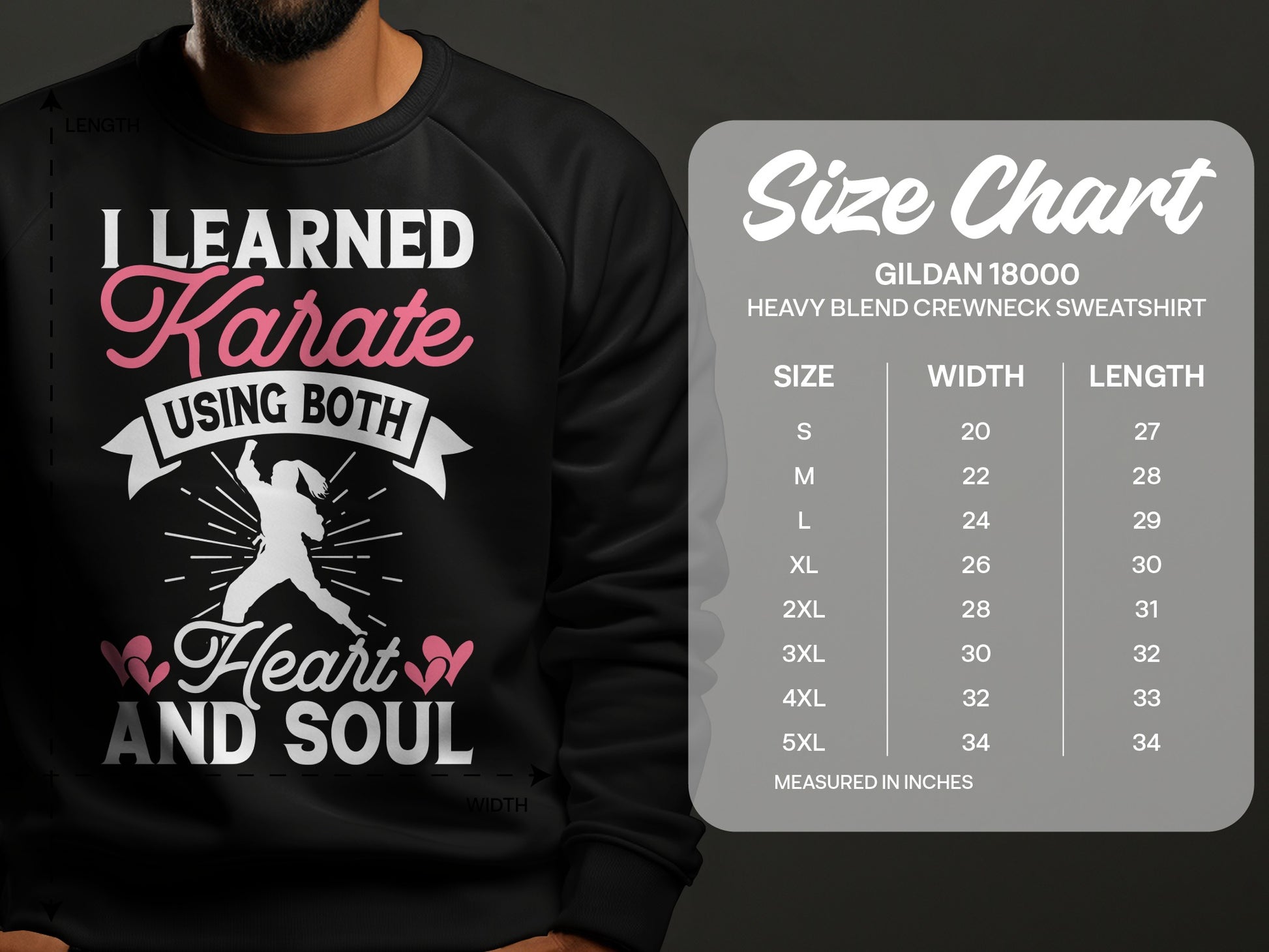 Gildan 18000 sweatshirt size chart with measurements.