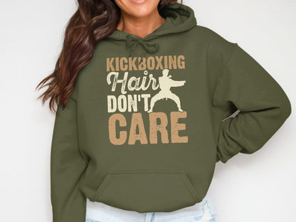 Green hoodie with "Kickboxing Hair Don't Care" and a silhouette of a fighter.