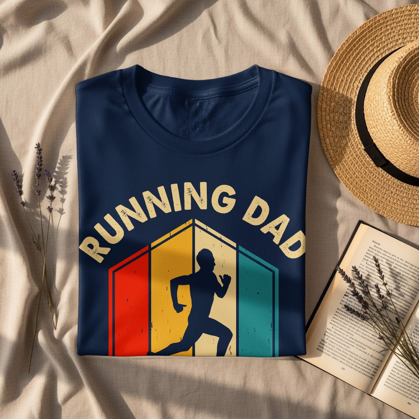 Navy t-shirt with "Running Dad" text and a vintage runner graphic.