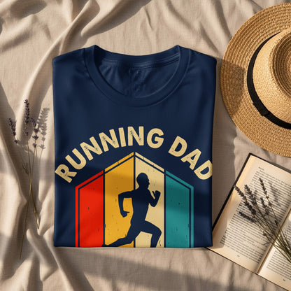 Navy t-shirt with "Running Dad" text and a vintage runner graphic.