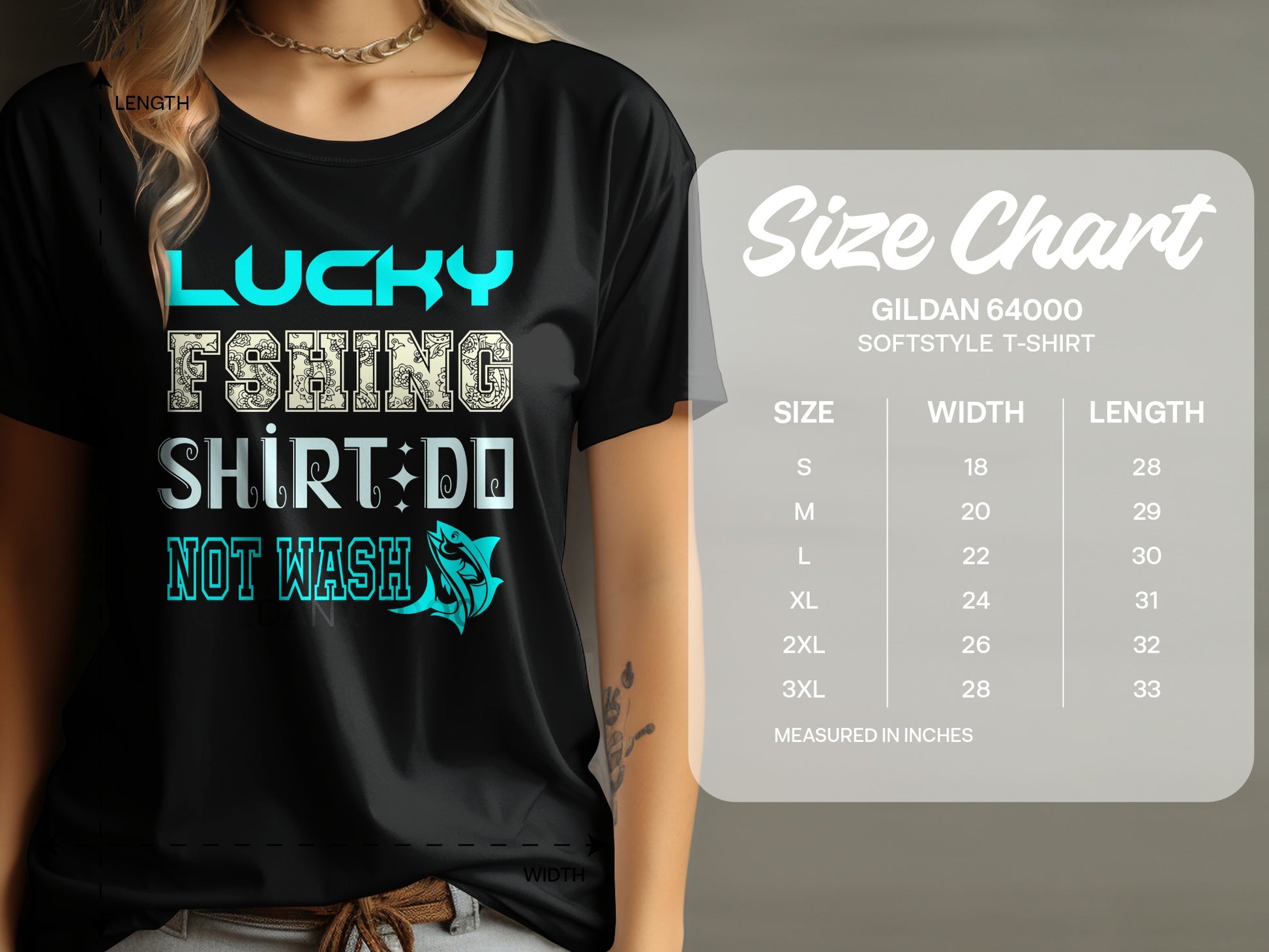 Black t-shirt with "LUCKY FISHING SHIRT DO NOT WASH" and a size chart.